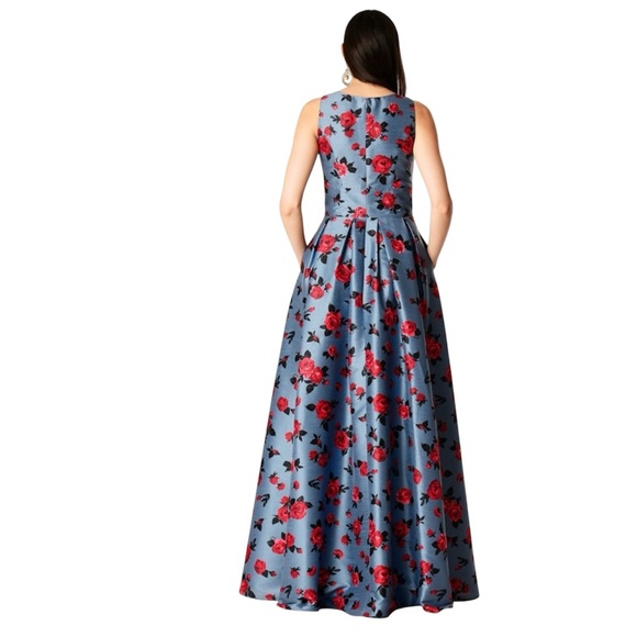 eShakti - Women's Blue Rose Pattern Dupioni Sleeveless Dress - Picture 4 of 12
